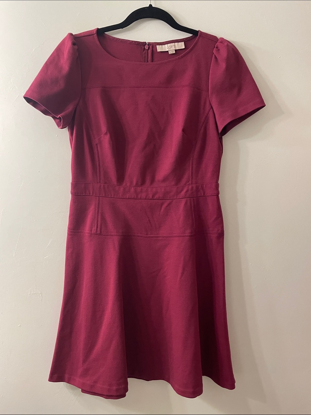 LOFT Short-Sleeve Fit-and-Flare Dress in Wine